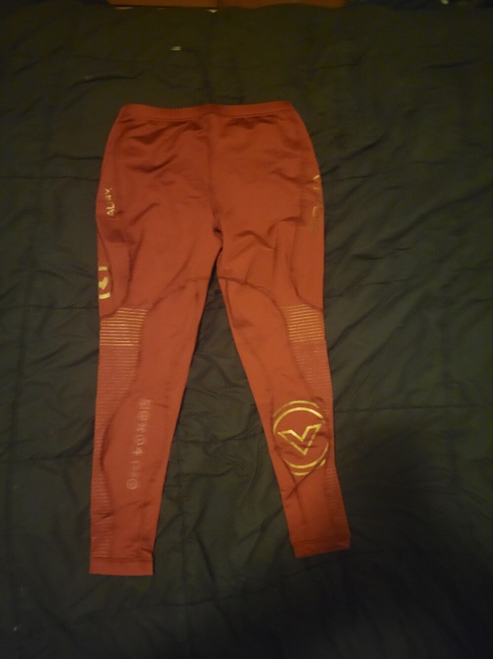Mens Rust Red Athletic Leggings with Yellow Logo
